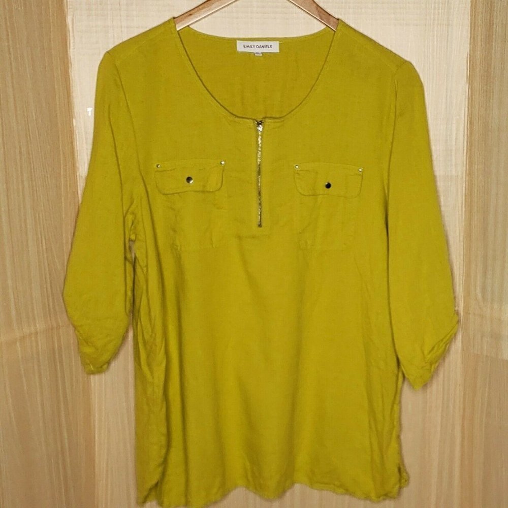 Women's Yellow Green Zip-Front Blouse